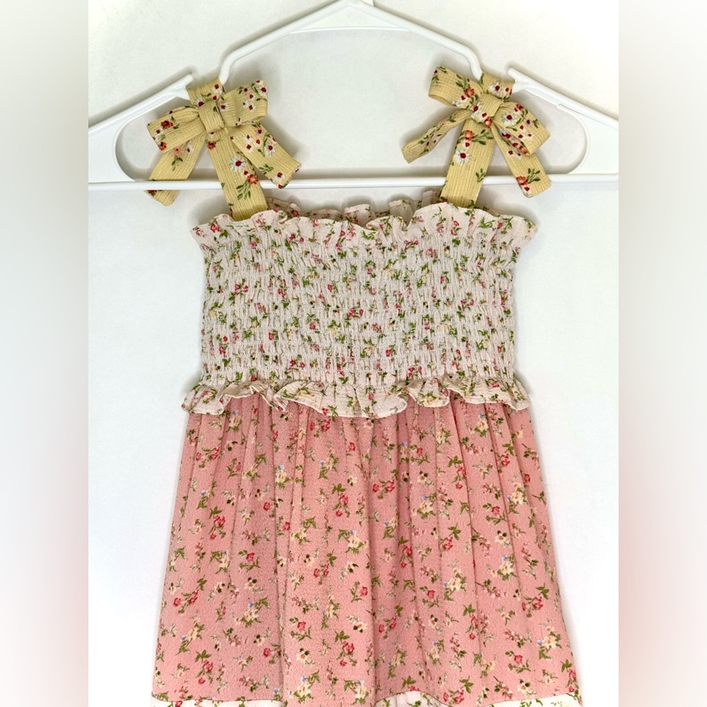 Bonnie Jean Smocked Pink / Yellow Floral Sun Dress - Picture 4 of 16